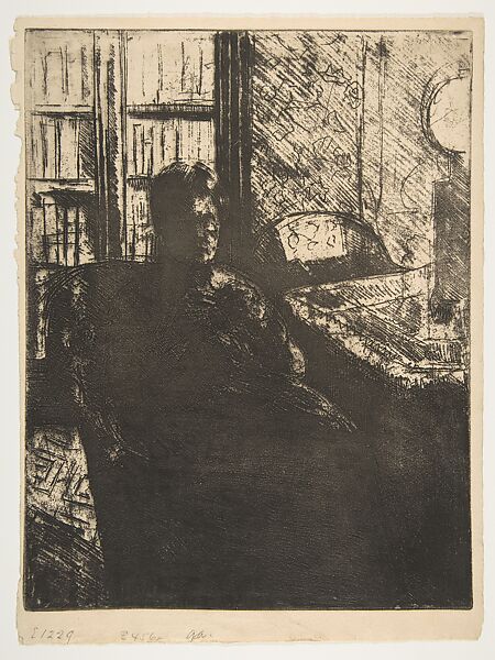 Knitting in the Glow of a Lamp, Mary Cassatt (American, Pittsburgh, Pennsylvania 1844–1926 Le Mesnil-Théribus, Oise), Soft-ground etching; second state of two 