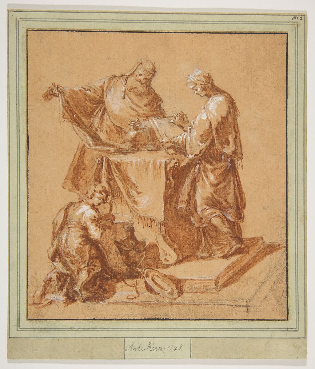 A High-Priest, the Prophetess Anna (?) and a Kneeling Boy around a Table, Anton Kern (German, Teschen 1710–1747 Dresden), Brush and red wash, heightened with white bodycolor, over graphite; framing line in pen and black ink 