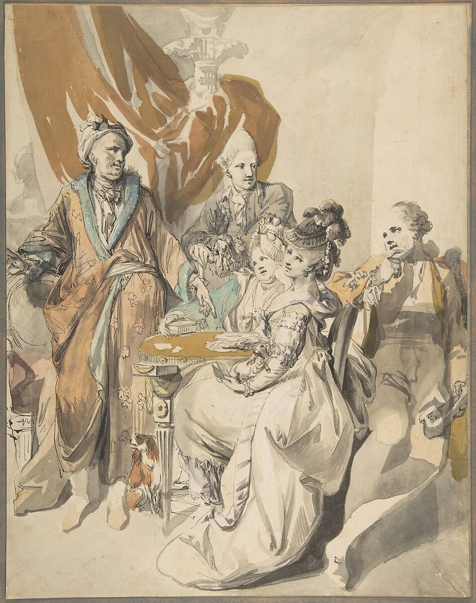 Two Women and Three Men Playing Cards, Johann Eleazar Zeissig, called Schenau (German, Grossschönau (Gross-Schönau) 1737–1806 Dresden), Pen and black ink, gray wash, watercolor, over a sketch in black chalk or graphite 