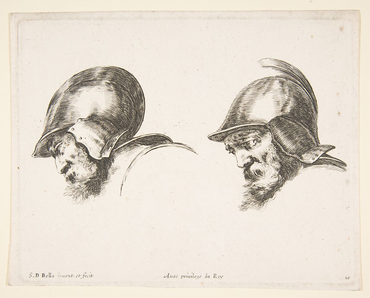 Plate 10: two heads of old soldiers wearing helmets, both facing left and looking downwards, from 'The principles of design' (I principii del disegno), Stefano della Bella (Italian, Florence 1610–1664 Florence), Etching 