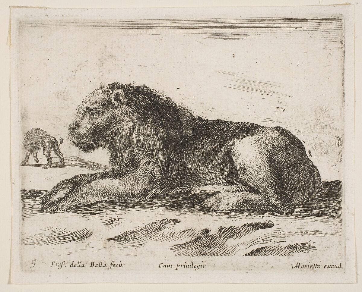 Reclining lion, plate 5 from "Various Animals" (Diversi Animali), Stefano della Bella (Italian, Florence 1610–1664 Florence), Etching; second state of three (De Vesme) 