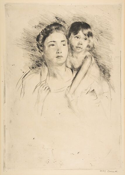 Denise Holding Her Child by Both Hands, Mary Cassatt (American, Pittsburgh, Pennsylvania 1844–1926 Le Mesnil-Théribus, Oise), Drypoint; restrike 