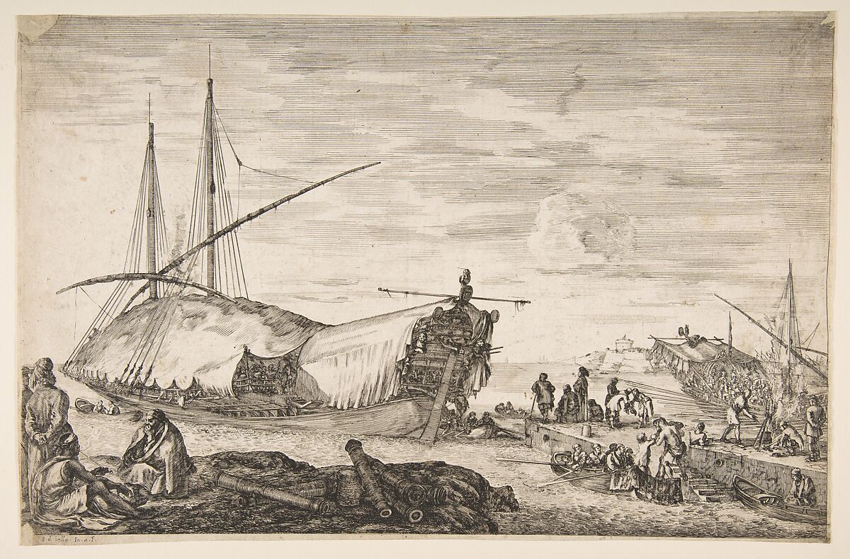 A galley covered in sails to left, six cannons and four people to left in foreground, one man seated at far left smoking a pipe, a man assisting others disembarking from rowboats to right, other rowboats and ships in the background, from 'Views of the port of Livorno' (Vues du port de Livourne), Stefano della Bella (Italian, Florence 1610–1664 Florence), Etching; second state of two 