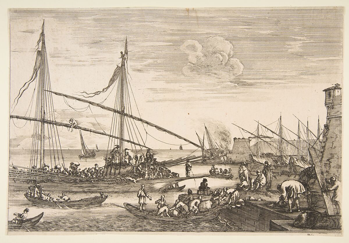 View of the fortifications, two men lifting a plank at right, several ships and boats the background and a galley at left, from 'Views of the port of Livorno' (Vues du port de Livourne), Stefano della Bella (Italian, Florence 1610–1664 Florence), Etching; first state of two 