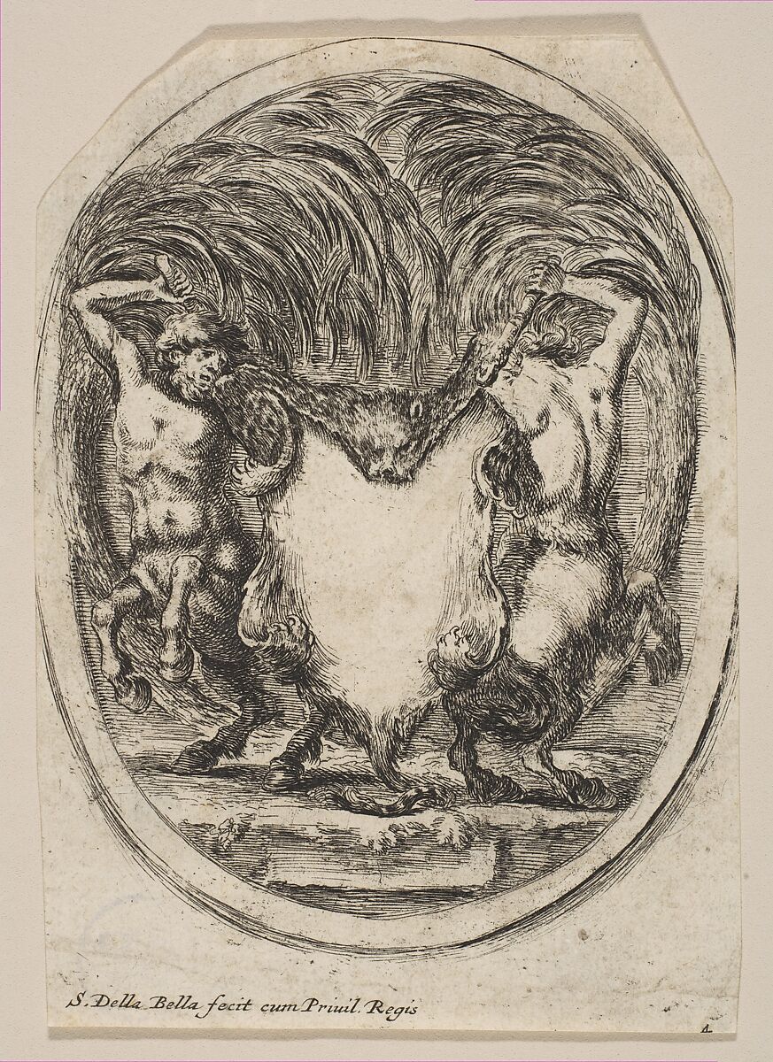 Cartouche Formed by a Tiger Skin Flanked by Two Centaurs, Stefano della Bella (Italian, Florence 1610–1664 Florence), Etching; first state 