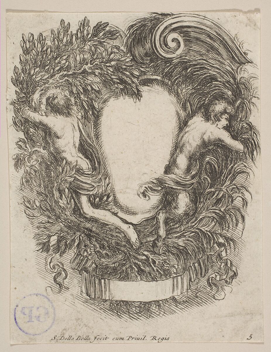 Cartouche Framed by Apollo and Pan, Stefano della Bella (Italian, Florence 1610–1664 Florence), Etching; first state 