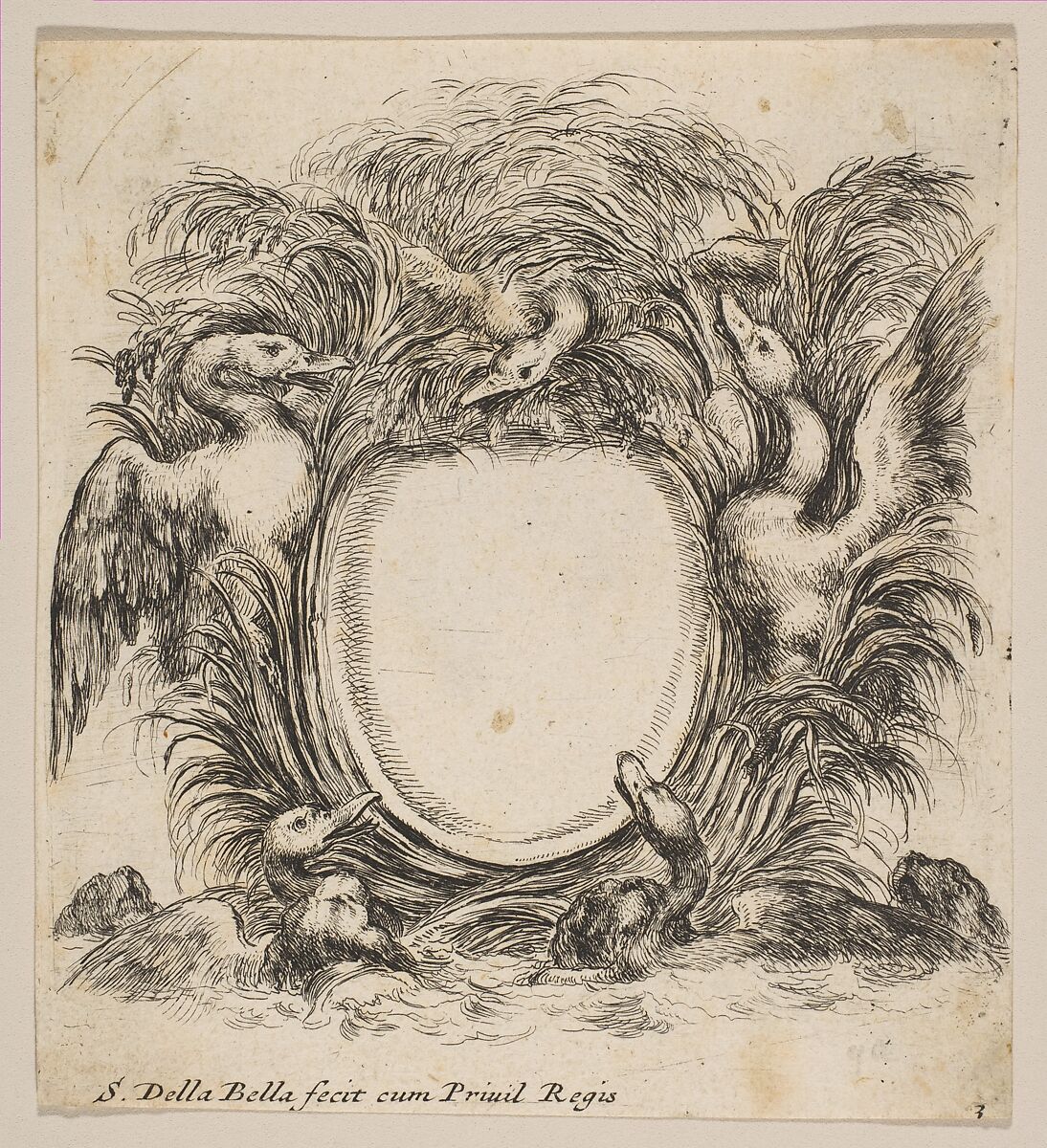 Cartouche Framed by Ducks and Weeds, Stefano della Bella (Italian, Florence 1610–1664 Florence), Etching; first state 