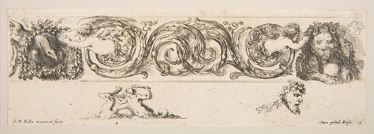 Rinceaux with Eagle and Lion, plate 15 from "Decorative friezes and foliage" (Ornamenti di fregi e fogliami), Stefano della Bella (Italian, Florence 1610–1664 Florence), Etching 