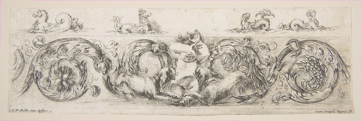 Rinceaux with Child Frightened by Dogs, plate 8 from "Decorative friezes and foliage" (Ornamenti di fregi e fogliami), Stefano della Bella (Italian, Florence 1610–1664 Florence), Etching