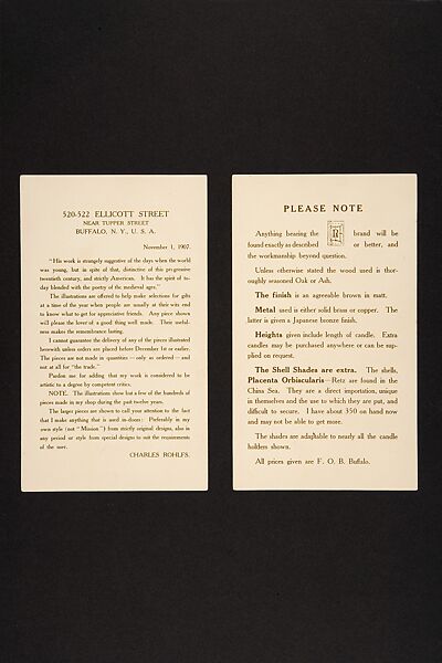 "Please Note" Page for a Set of Advertising Cards, Issued by Charles Rohlfs (American, Brooklyn, New York 1853–1936 Buffalo, New York), Half-tone commercial process, printed in brown ink on glossy wove paper 
