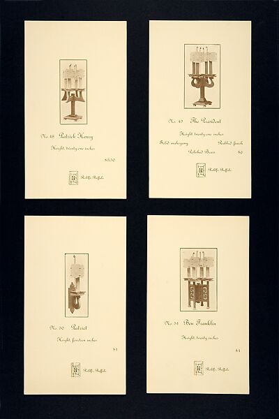 Advertising Card for a Stand Holding Four Candles with Shades: No. 48 Patrick Henry, Issued by Charles Rohlfs (American, Brooklyn, New York 1853–1936 Buffalo, New York), Half-tone commercial process, printed in brown ink on glossy wove paper 