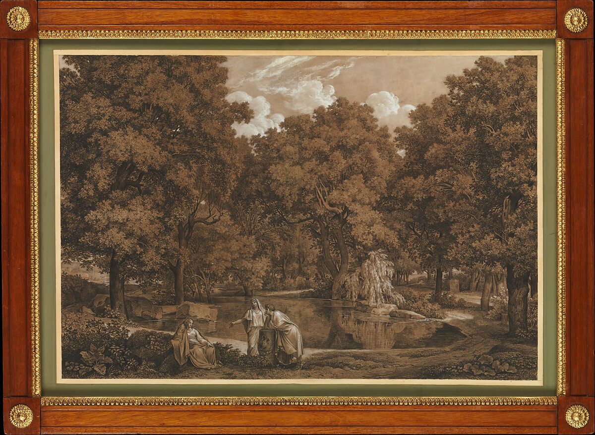 Arcadian Landscape with Three Figures at a Lake, Johann Christian Reinhart (German, Hof 1761–1847 Rome), Black chalk and white gouache on brown paper 