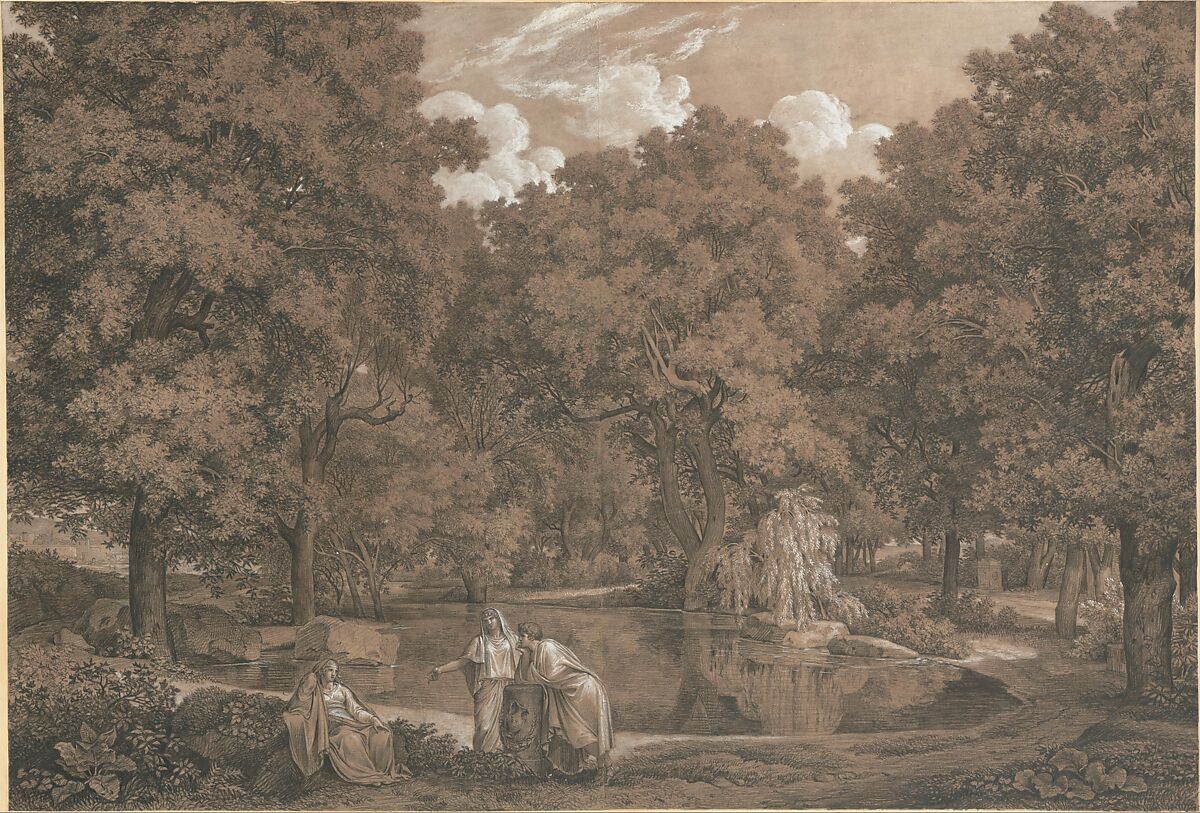Arcadian Landscape with Three Figures at a Lake, Johann Christian Reinhart (German, Hof 1761–1847 Rome), Black chalk and white gouache on brown paper