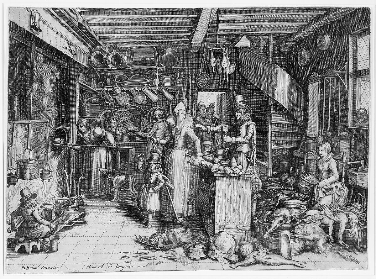 Kitchen Interior, After David Vinckboons (Netherlandish, Mechelen 1576–1629 Amsterdam), Engraving; Hollstein's first state of two 