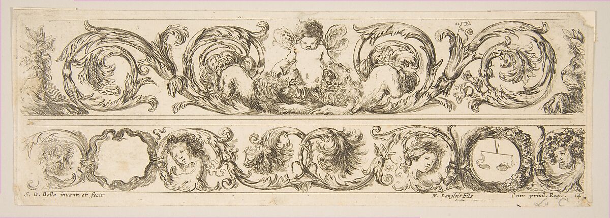 Two Acanthus Friezes: Cupid Subduing Two Lions; Heads of Four Seasons, plate 14 from "Decorative friezes and foliage" (Ornamenti di fregi e fogliami), Stefano della Bella (Italian, Florence 1610–1664 Florence), Etching; fourth state of five 