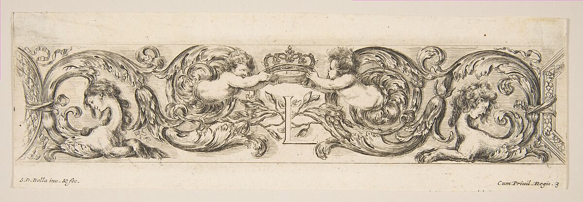 Rinceaux with Two Children Holding a Royal Crown Over the Letter "L," plate 3 from "Decorative friezes and foliage" (Ornamenti di fregi e fogliami), Stefano della Bella (Italian, Florence 1610–1664 Florence), Etching 