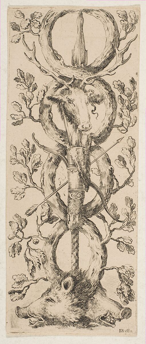 Heads of a Stag and Two Boars in Rinceaux of Oak Branches, Etched by Stefano della Bella (Italian, Florence 1610–1664 Florence), Etching 