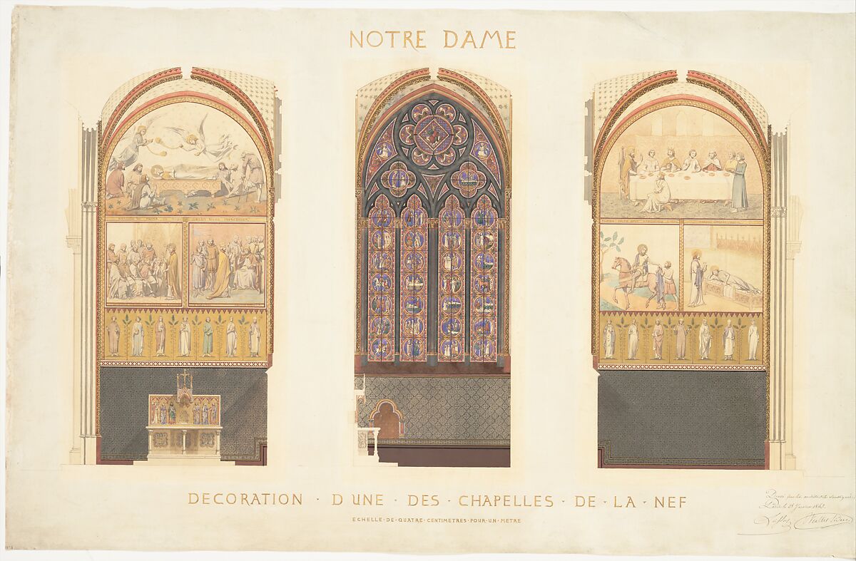 Plan for the Renovation of a Chapel in the Nave of the Cathedral of Notre Dame, Paris, Eugène-Emmanuel Viollet-le-Duc (French, Paris 1814–1879 Lausanne), Watercolor, shell gold, pen and black ink, traces of graphite, gouache guidelines. 