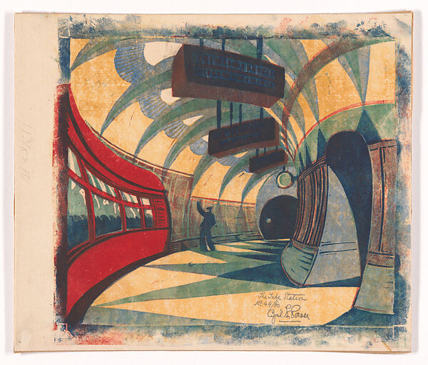 The Tube Station, Cyril E. Power (British, London 1872–1951 London), Color linocut