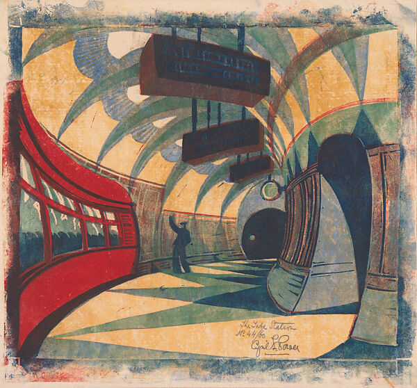 The Tube Station, Cyril E. Power (British, London 1872–1951 London), Color linocut
