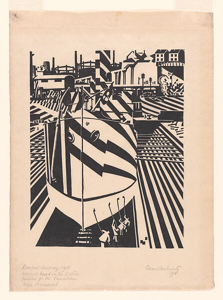 Liverpool Shipping, Edward Alexander Wadsworth (British, Cleckheaton, West Yorkshire 1889–1949), Woodcut on Japanese paper