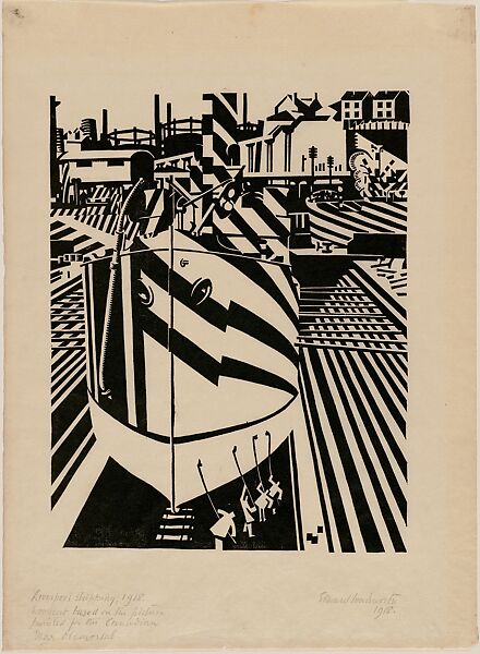 Liverpool Shipping, Edward Alexander Wadsworth  British, Woodcut on Japanese paper