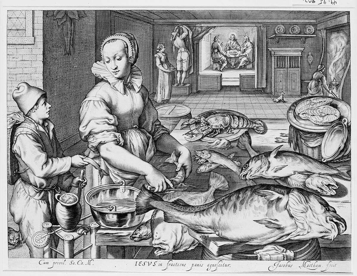 Kitchen Scene with Kitchen Maid Preparing Fish, Christ at Emmaus in the Background, from Kitchen and Market Scenes with Biblical Scenes in the Background, Jacob Matham (Netherlandish, Haarlem 1571–1631 Haarlem), Engraving 