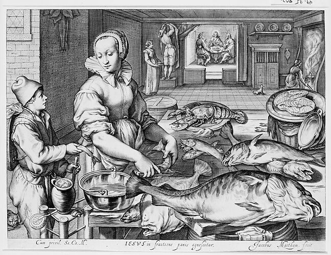 Kitchen Scene with Kitchen Maid Preparing Fish, Christ at Emmaus in the Background, from Kitchen and Market Scenes with Biblical Scenes in the Background