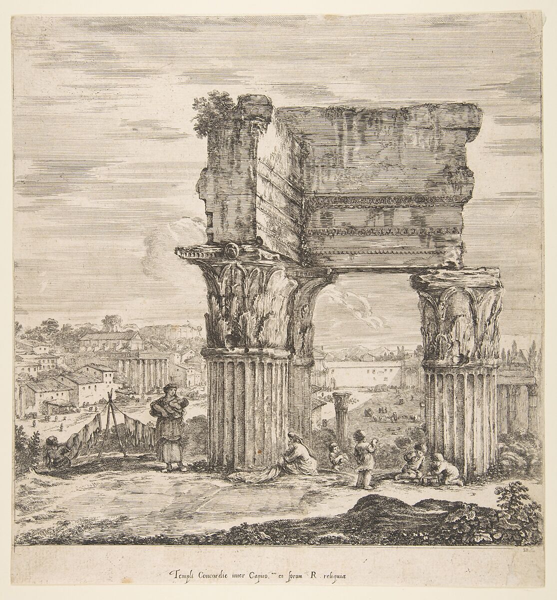 The Temple of Vespasian and the Roman Forum, from "Six large views, four of Rome, and two of the Roman countryside" (Six grandes vues, dont quatre de Rome et deux de la Campagne romaine), Stefano della Bella (Italian, Florence 1610–1664 Florence), Etching; second state of two 