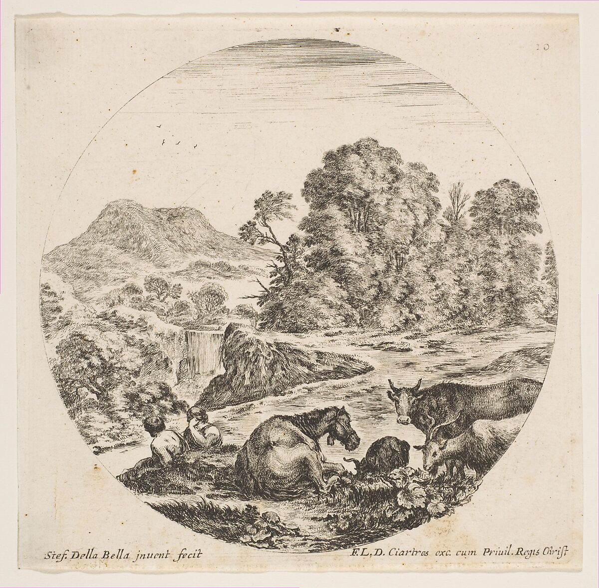 A horse lying down at center, a cow and two goats at right, two seated shepherds to left, a waterfall and a mountain at left in the background, plate 10 from "Roman landscapes and ruins" (Paysages et ruines de Rome), Stefano della Bella (Italian, Florence 1610–1664 Florence), Etching; fourth state of nine (Talbierska) 