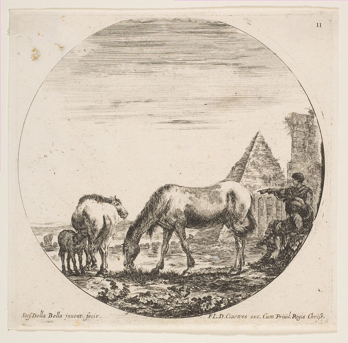 The pyramid of Caius Cestius at right in the background, a horse grazing at center, a foal suckling a mare at left, two shepherds at right, plate 11 from "Roman landscapes and ruins" (Paysages et ruines de Rome), Stefano della Bella (Italian, Florence 1610–1664 Florence), Etching; fourth state of nine (Talbierska) 