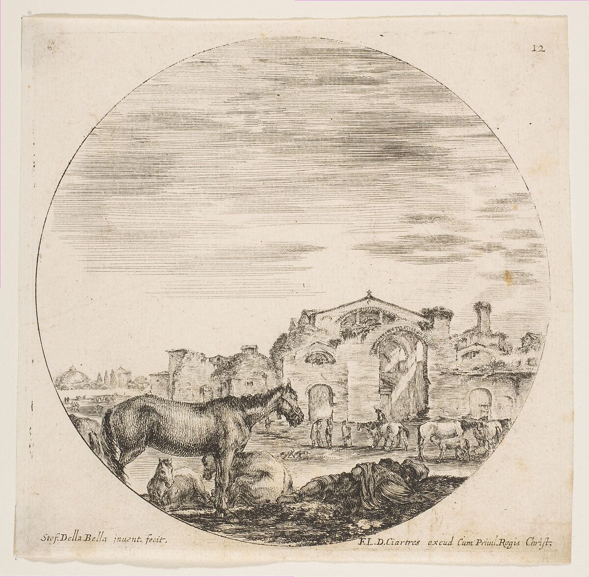 A shepherd sleeping on the ground at right, three horses at left, other horses and various figures to right, the Baths of Diocletian in the background, plate 12 from "Roman landscapes and ruins" (Paysages et ruines de Rome), Stefano della Bella (Italian, Florence 1610–1664 Florence), Etching; fourth state of nine (Talbierska) 