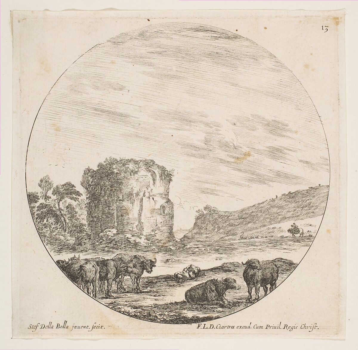 Ruins of a temple in a Roman landscape, plate 13 from "Roman landscapes and ruins" (Paysages et ruines de Rome), Stefano della Bella (Italian, Florence 1610–1664 Florence), Etching; fourth state of nine (Talbierska) 