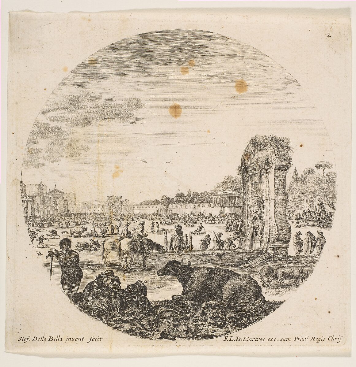 Campo Vaccino, a buffalo and two shepherds in center, the Fontanone to right in the middle ground, various animals and people in the background, plate 2 from "Roman landscapes and ruins" (Paysages et ruines de Rome), Stefano della Bella (Italian, Florence 1610–1664 Florence), Etching; fourth state of nine (Talbierska) 