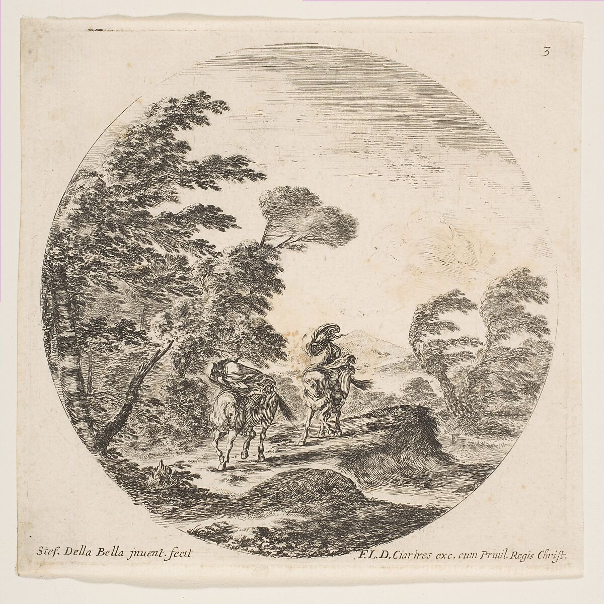 A gale in the forest, two horsemen wrapped in their cloaks, with the wind blowing from the left side, plate 3 from "Roman landscapes and ruins" (Paysages et ruines de Rome), Stefano della Bella (Italian, Florence 1610–1664 Florence), Etching; fourth state of nine (Talbierska) 
