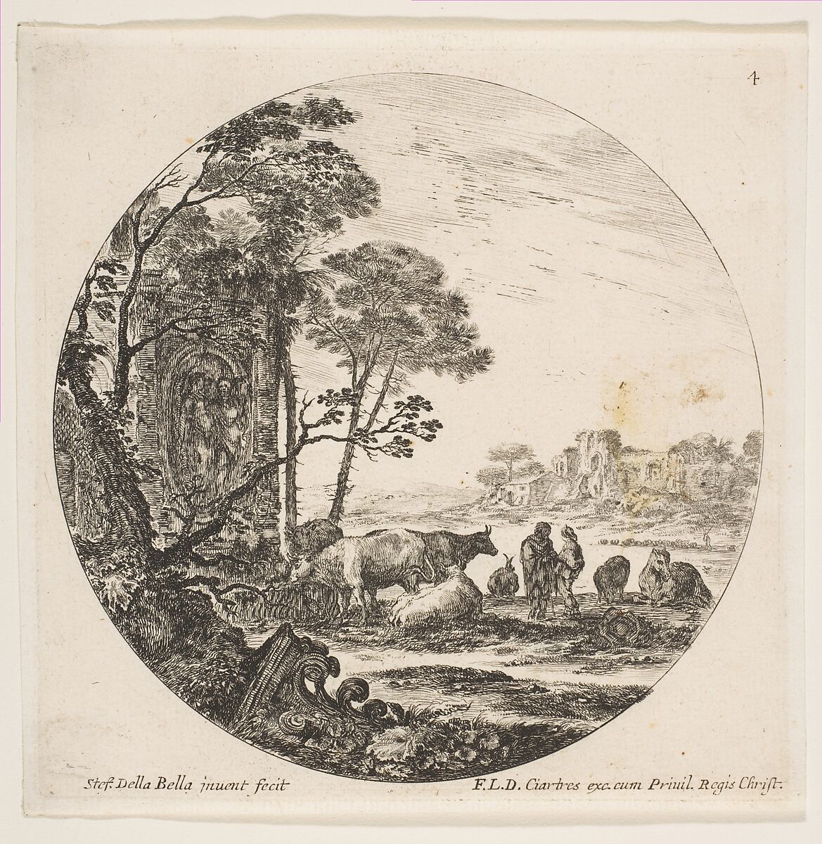 A Corinthian capital on the ground at left, a monument with figures in low relief at left in the middleground, various animals and two shepherds at right, plate 4 from "Roman landscapes and ruins" (Paysages et ruines de Rome), Stefano della Bella (Italian, Florence 1610–1664 Florence), Etching; fourth state of nine (Talbierska) 