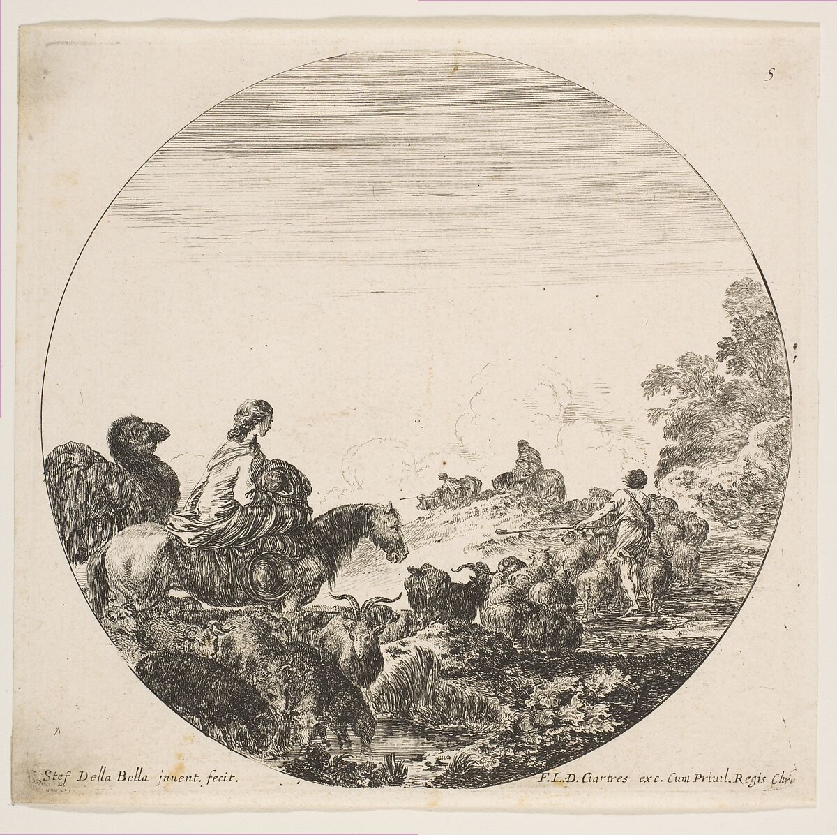 A woman carrying a child on a horse at left, a camel following her, a herd of goats, sheep, and a shepherd in front of her at right, plate 5 from "Roman landscapes and ruins" (Paysages et ruines de Rome), Stefano della Bella (Italian, Florence 1610–1664 Florence), Etching; fourth state of nine (Talbierska) 