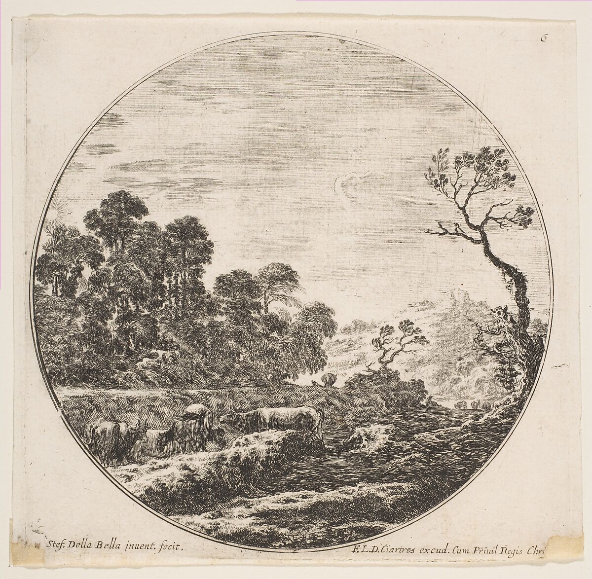 Cows crossing a valley at left, a horseman and other cows in the background, plate 6 from "Roman landscapes and ruins" (Paysages et ruines de Rome), Stefano della Bella (Italian, Florence 1610–1664 Florence), Etching; fourth state of nine (Talbierska) 