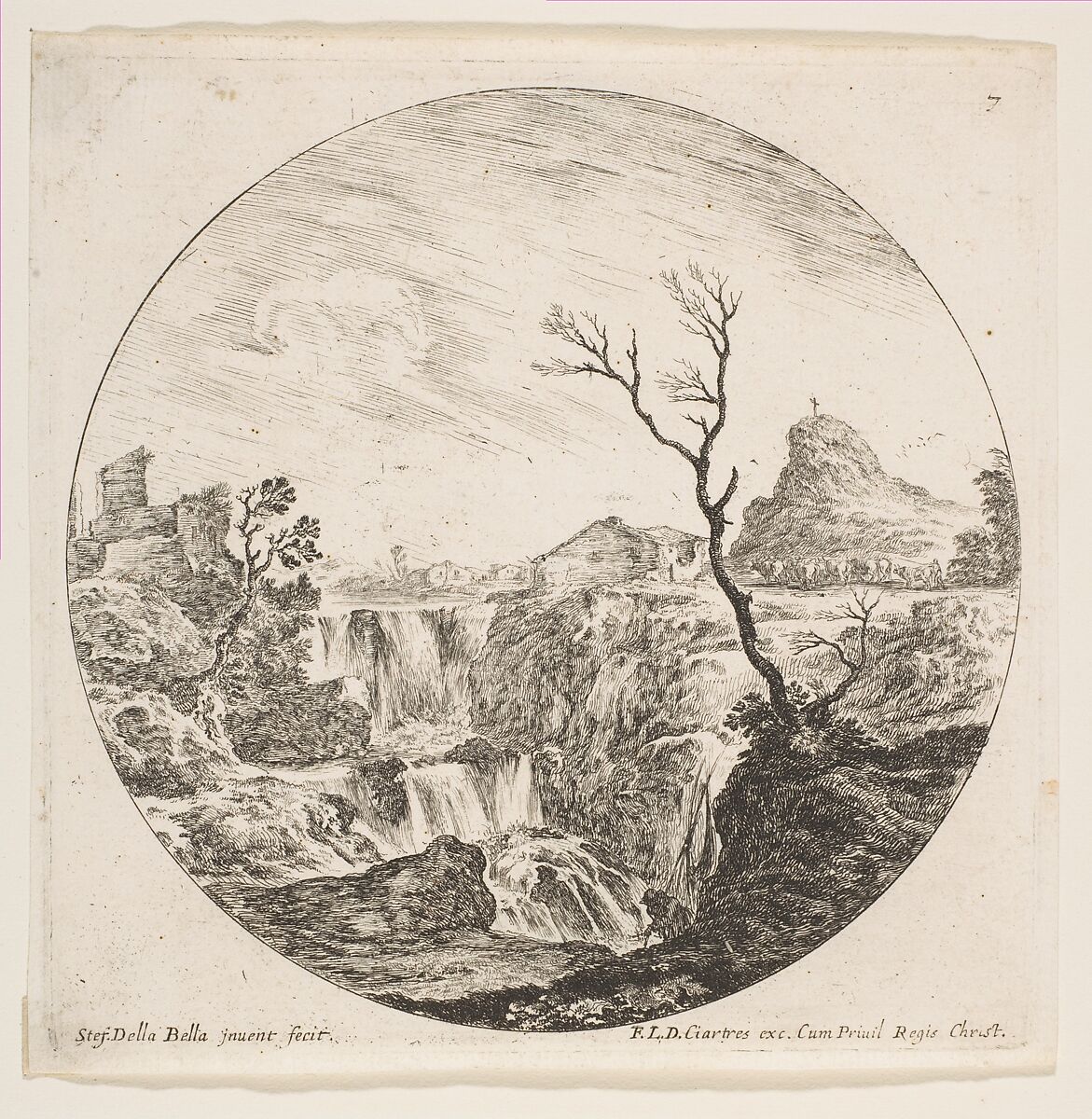 A triple waterfall, a dead tree at right, a mountain and a herd of cows in the background at right, plate 7 from "Roman landscapes and ruins" (Paysages et ruines de Rome), Stefano della Bella (Italian, Florence 1610–1664 Florence), Etching; fourth state of nine (Talbierska) 