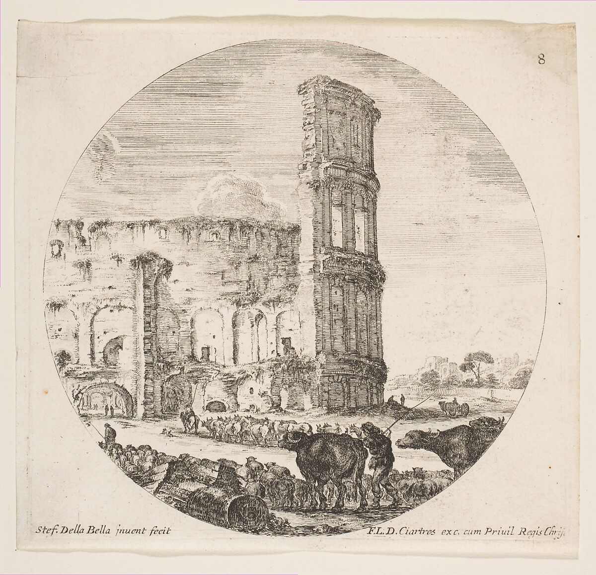 The Colosseum, two herds being directed towards the amphitheater in the foreground, plate 8 from "Roman landscapes and ruins" (Paysages et ruines de Rome), Stefano della Bella (Italian, Florence 1610–1664 Florence), Etching; fourth state of nine (Talbierska) 