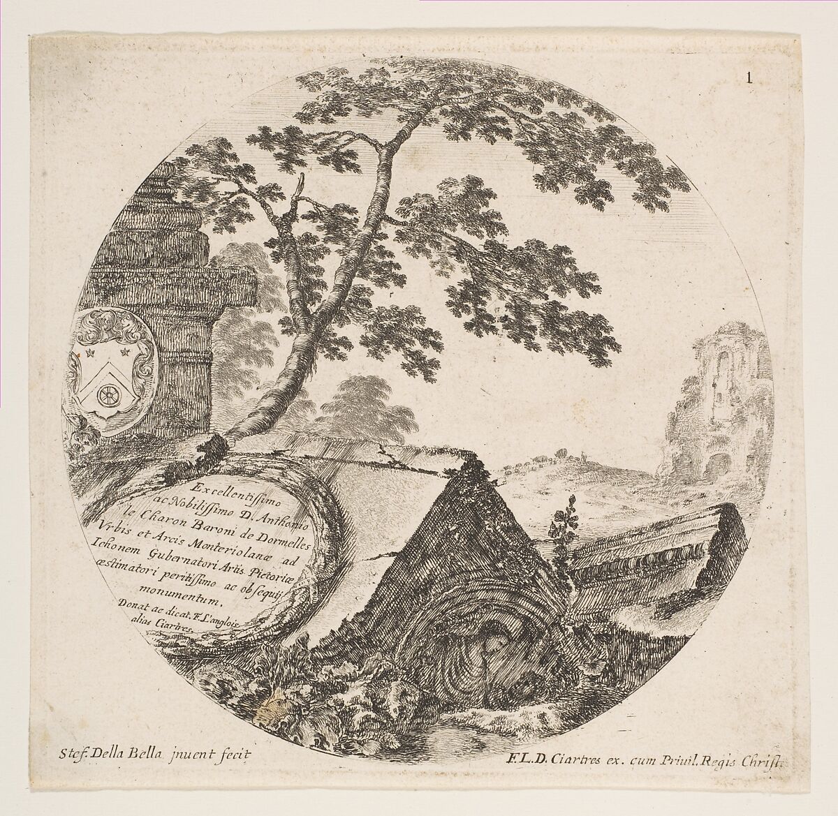 Fragments from ancient monuments, plate 1 from "Roman landscapes and ruins" (Paysages et ruines de Rome), Stefano della Bella (Italian, Florence 1610–1664 Florence), Etching; fourth state of nine (Talbierska) 