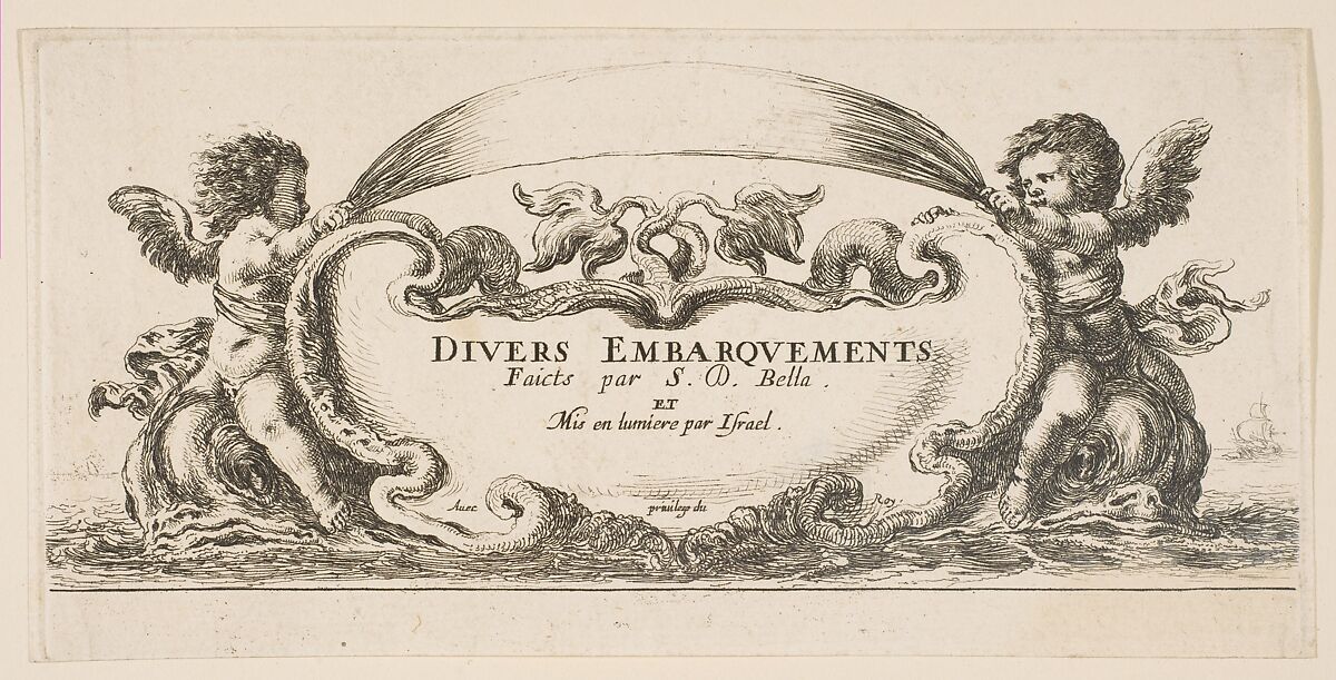 Frontispiece: cartouche at center, putti on either side riding on dolphins, from 'Various Embarkations' (Divers embarquements), Stefano della Bella (Italian, Florence 1610–1664 Florence), Etching; second state of two 