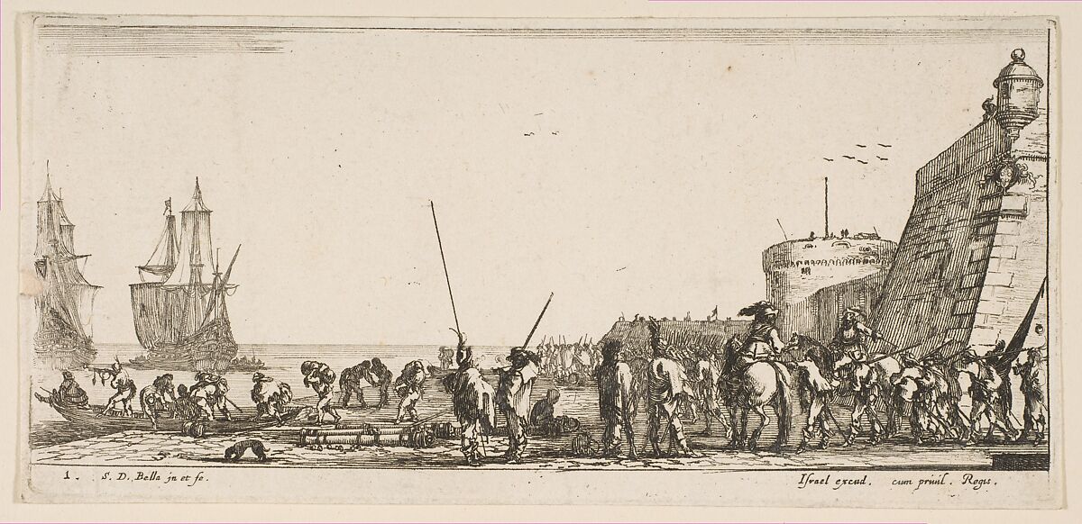 Plate 1: soldiers waiting to board a ship, from 'Various Embarkations' (Divers embarquements), Stefano della Bella (Italian, Florence 1610–1664 Florence), Etching 