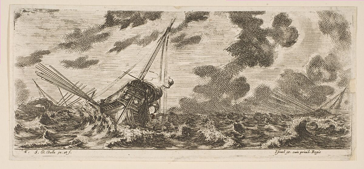Plate 6: three ships in a storm, from 'Various Embarkations' (Divers embarquements), Stefano della Bella (Italian, Florence 1610–1664 Florence), Etching 