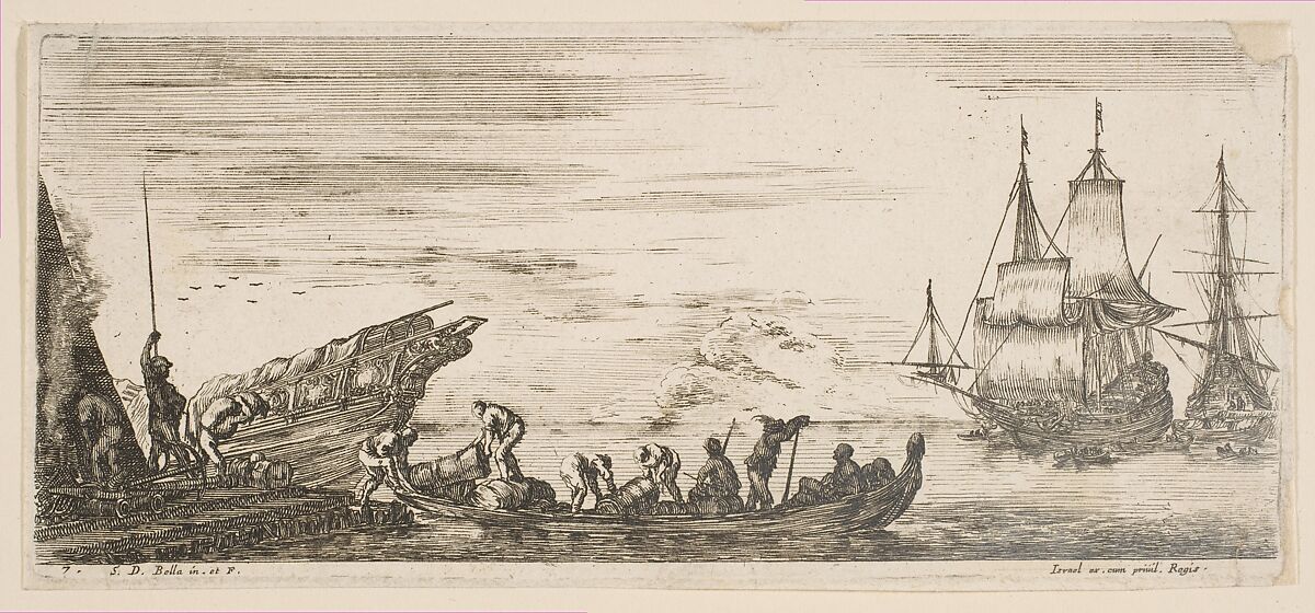 Plate 7: merchandise loaded onto a boat, two galleys in the background to right, from 'Various Embarkations' (Divers embarquements), Stefano della Bella (Italian, Florence 1610–1664 Florence), Etching 