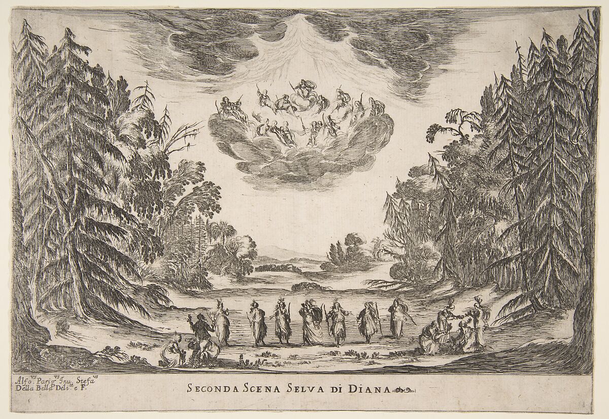 The Wedding of the Gods: Second Scene, Diana, Etched by Stefano della Bella (Italian, Florence 1610–1664 Florence), Etching 