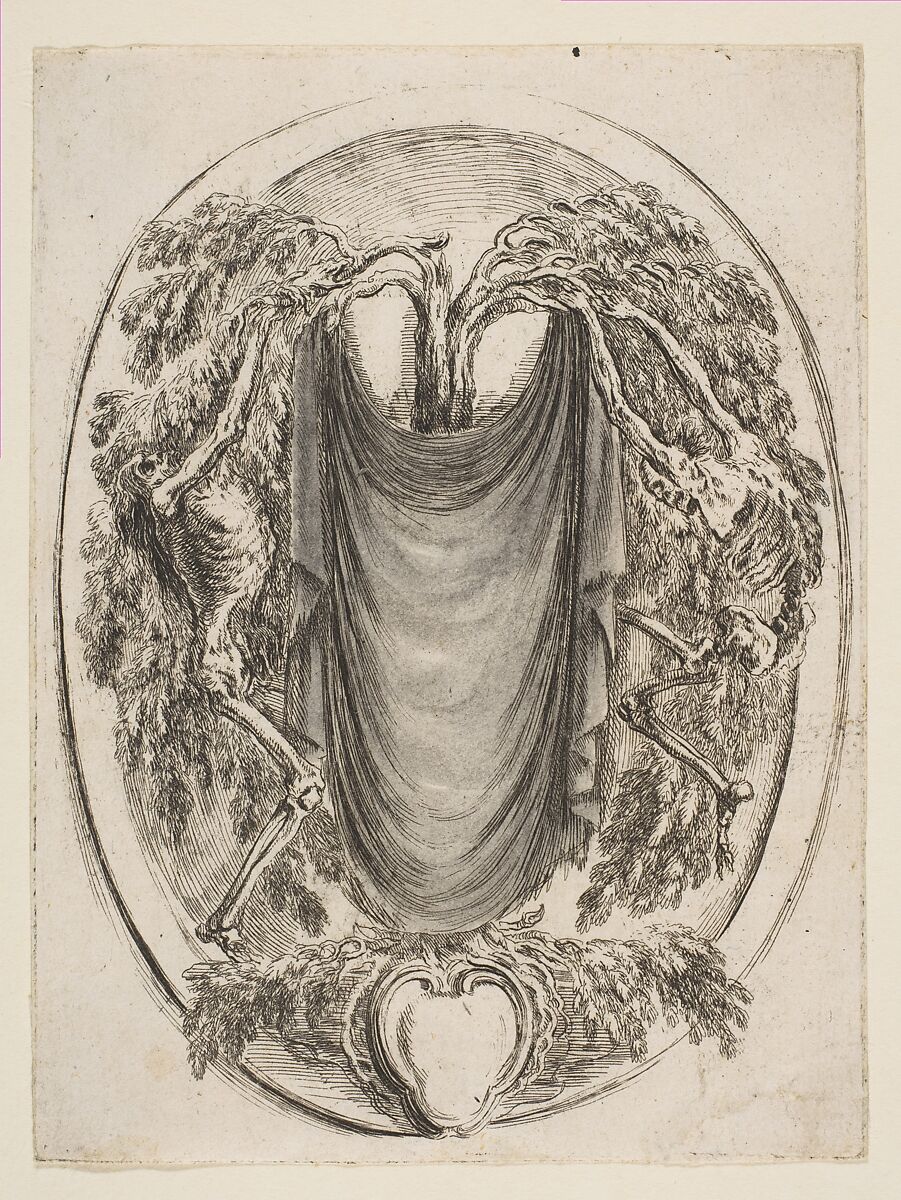 Cartouche with Skeletons, Stefano della Bella (Italian, Florence 1610–1664 Florence), Etching, touched proof with blue-gray wash in the shroud 