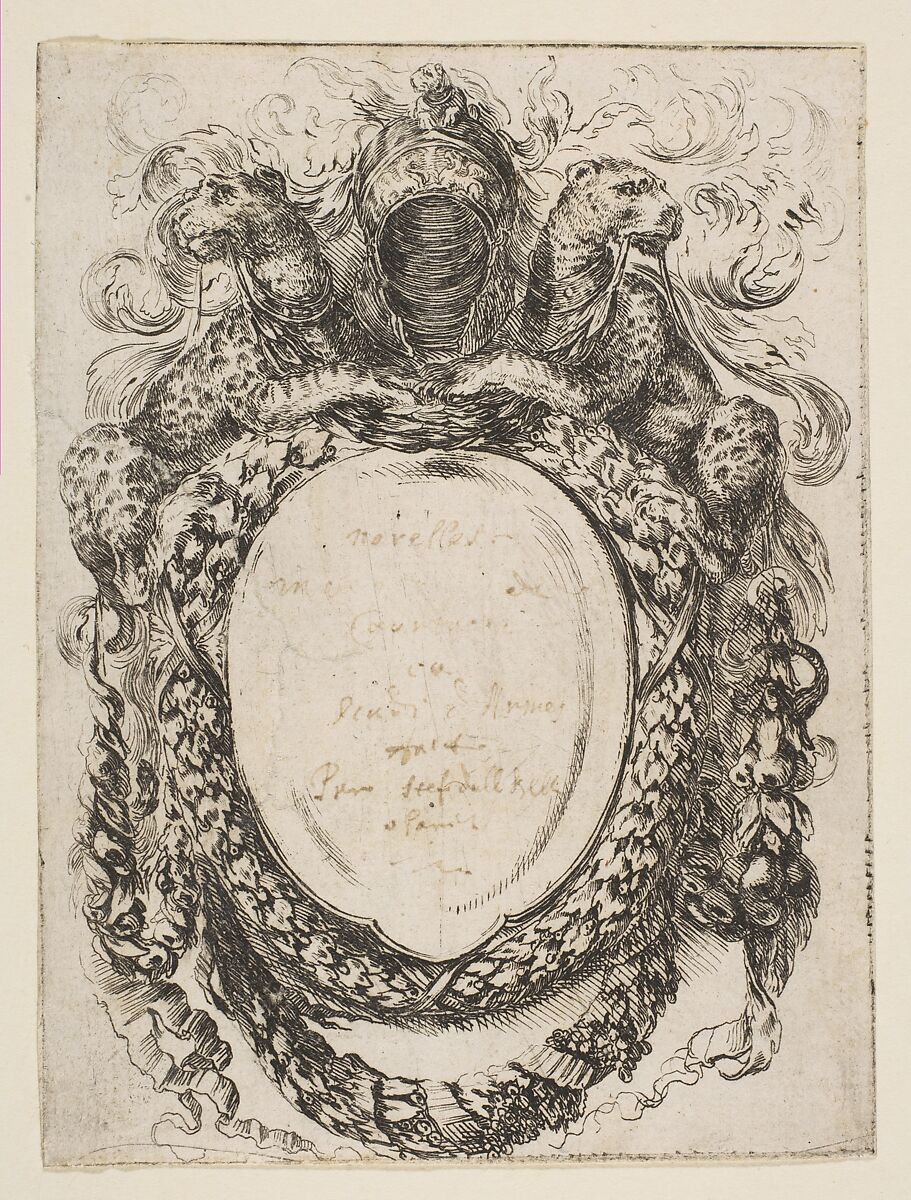 Cartouche Crowned by Helmet and Leopards, Stefano della Bella (Italian, Florence 1610–1664 Florence), Etching, touched proof of state i with hand-written title 