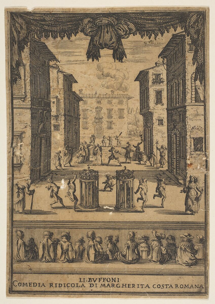 Frontispiece for the comedy 'The Buffoons' (Li Buffoni), a set on stage resembling a public space, various figures dancing around two people in cages in center stage, fifteen spectators below, Stefano della Bella (Italian, Florence 1610–1664 Florence), Etching 