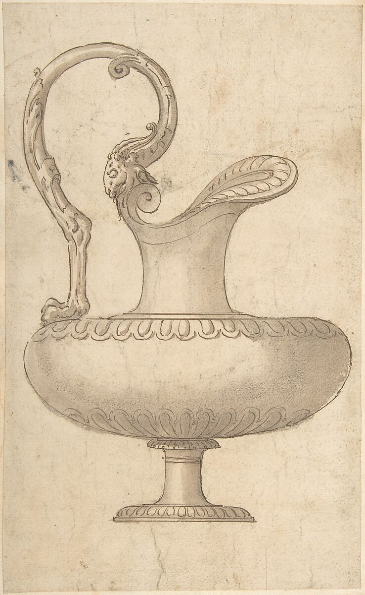 Drawing of a Ewer in Antique Style, Giulio Romano (Italian, Rome 1499?–1546 Mantua)  , Manner of., Pen and brown ink, with brush and brown wash 